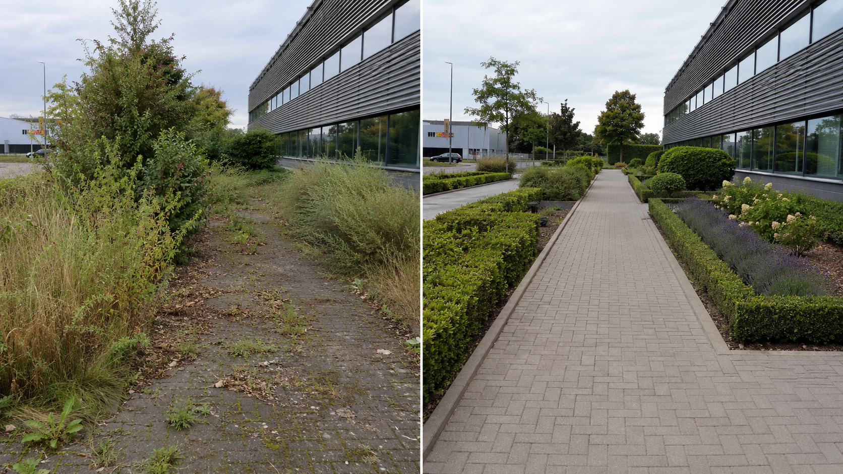 Zakelijk terrein voor en na, Riet-Poel Hoveniers