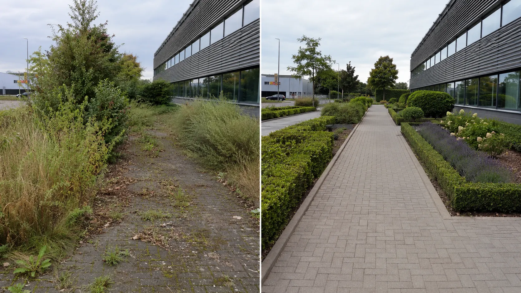 Zakelijk terrein voor en na, Riet-Poel Hoveniers