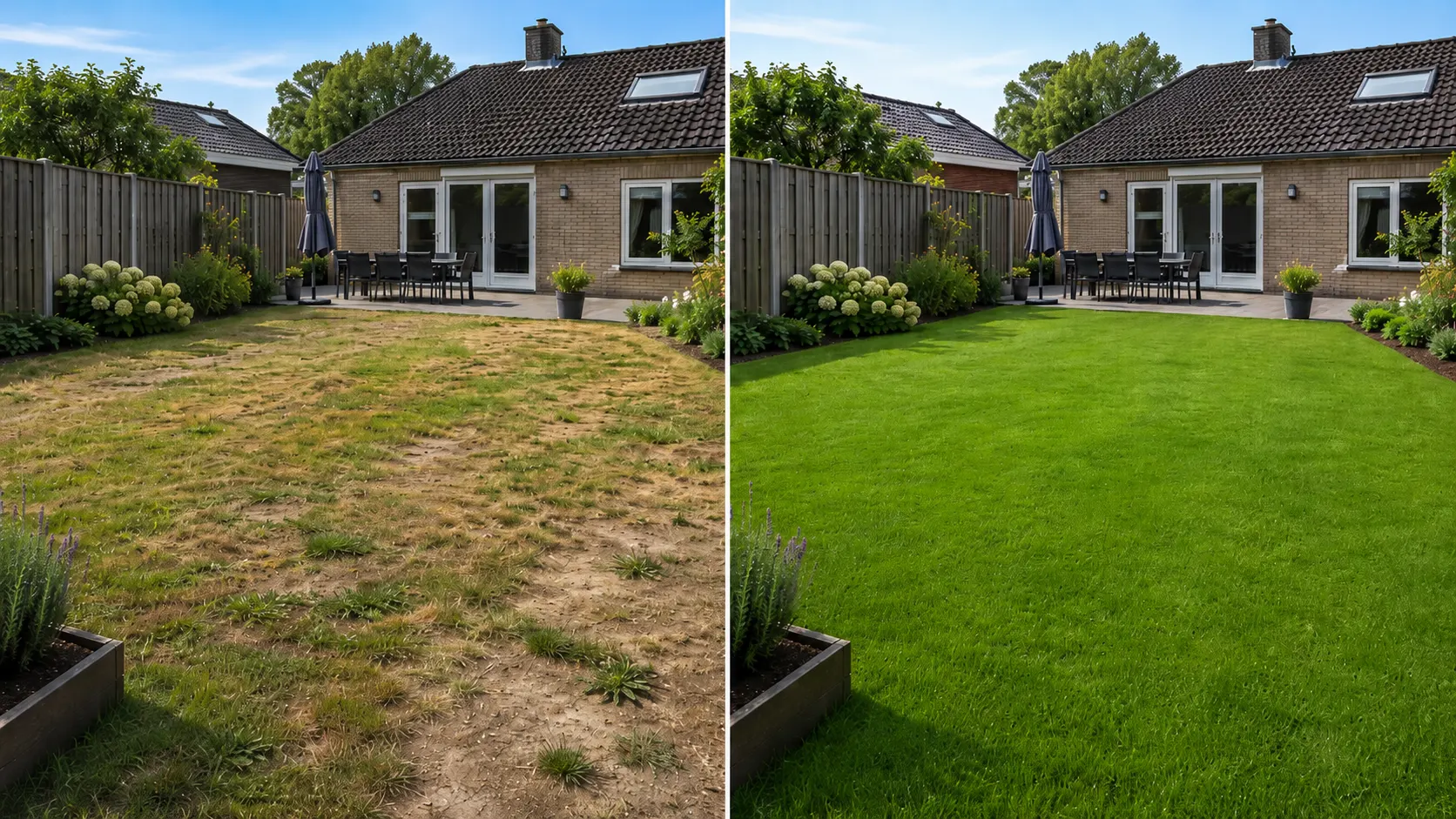 Gazon vóór en na: van kaal en verdroogd naar strak groen gras, Riet-Poel Hoveniers